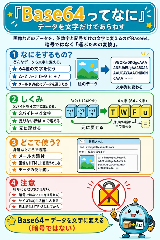 Base64のしくみを小中学生向けに説明した学習ポスター