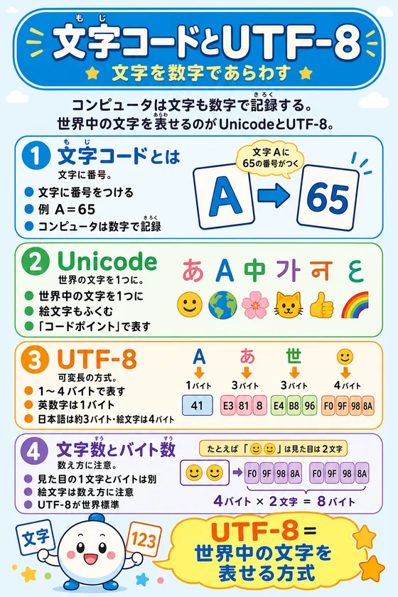 文字コードとUTF-8を小中学生向けに説明した学習ポスター