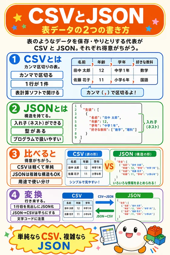 CSVとJSONを小中学生向けに説明した学習ポスター