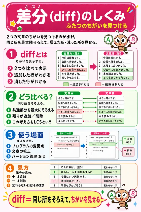 差分(diff)のしくみを小中学生向けに説明した学習ポスター