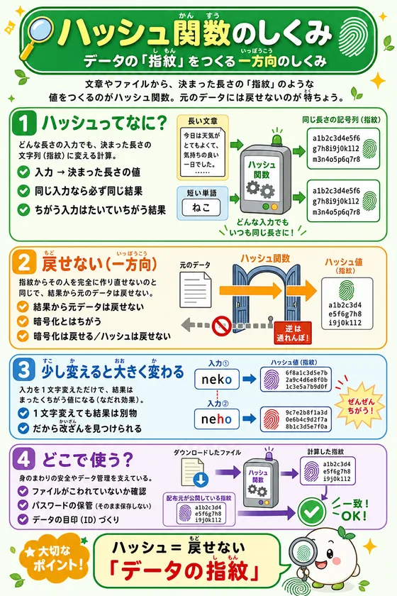 ハッシュ関数のしくみを小中学生向けに説明した学習ポスター