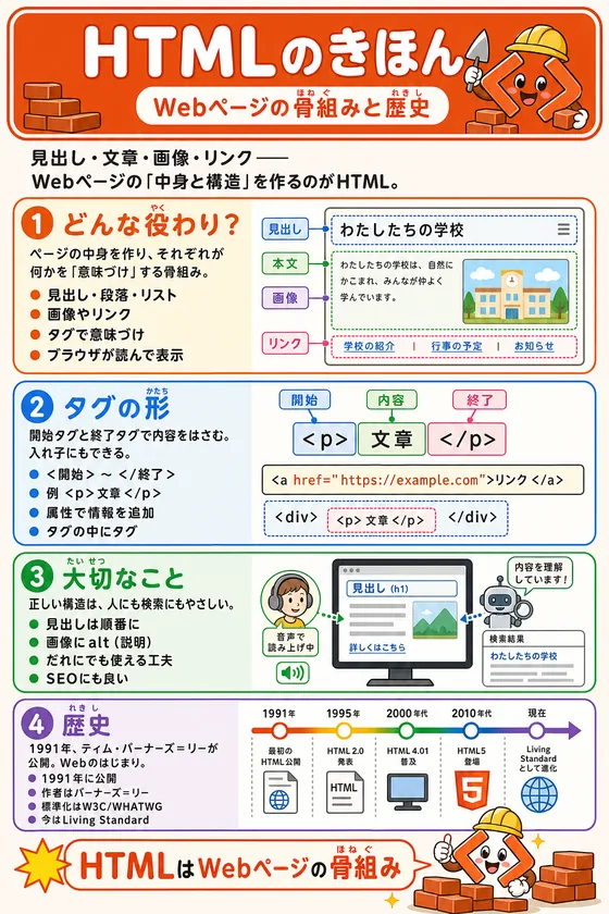 HTMLの役割と歴史を小中学生向けに説明した学習ポスター