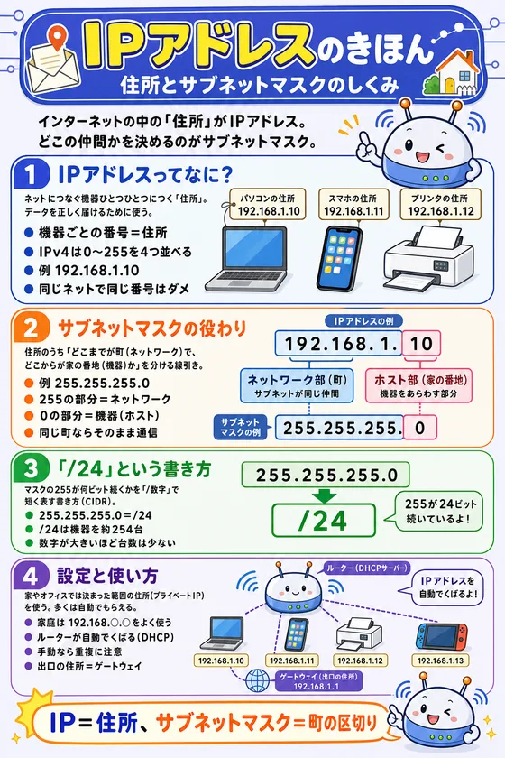 IPアドレスとサブネットマスクを小中学生向けに説明した学習ポスター