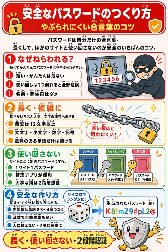 安全なパスワードのつくり方を小中学生向けに説明した学習ポスター
