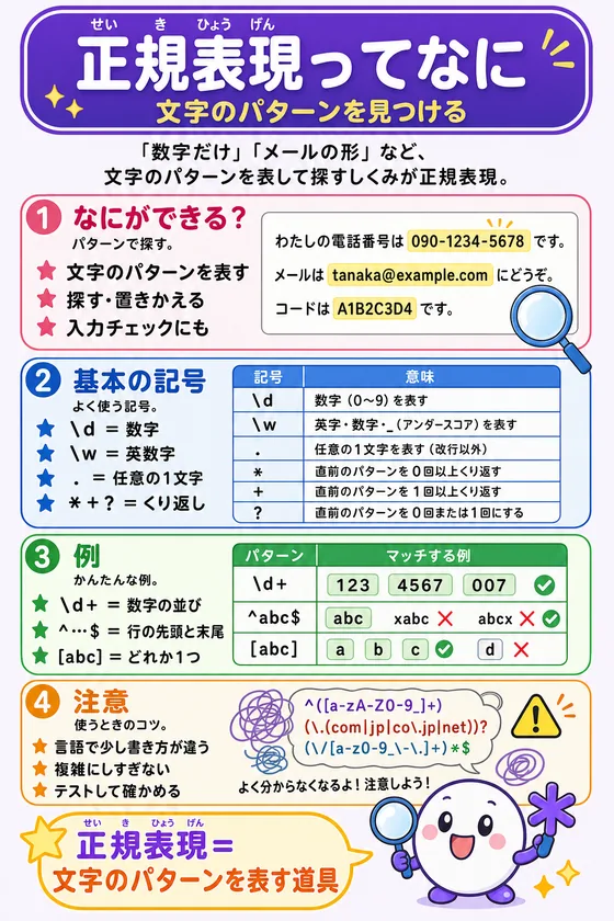 正規表現を小中学生向けに説明した学習ポスター
