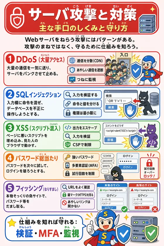 主なサーバ攻撃の仕組みと対策を説明した学習ポスター