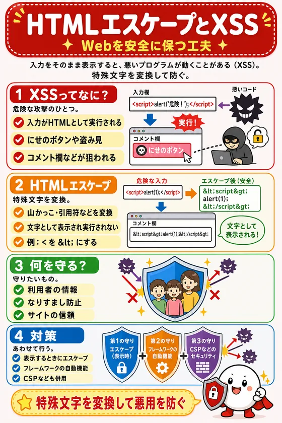 HTMLエスケープとXSSを小中学生向けに説明した学習ポスター